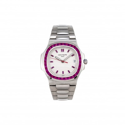 PATEK PHILIPPE NAUTILUS EDITION WHITE DIAL PURPLE DIAMONDS BEZEL ON WATCH 5711P